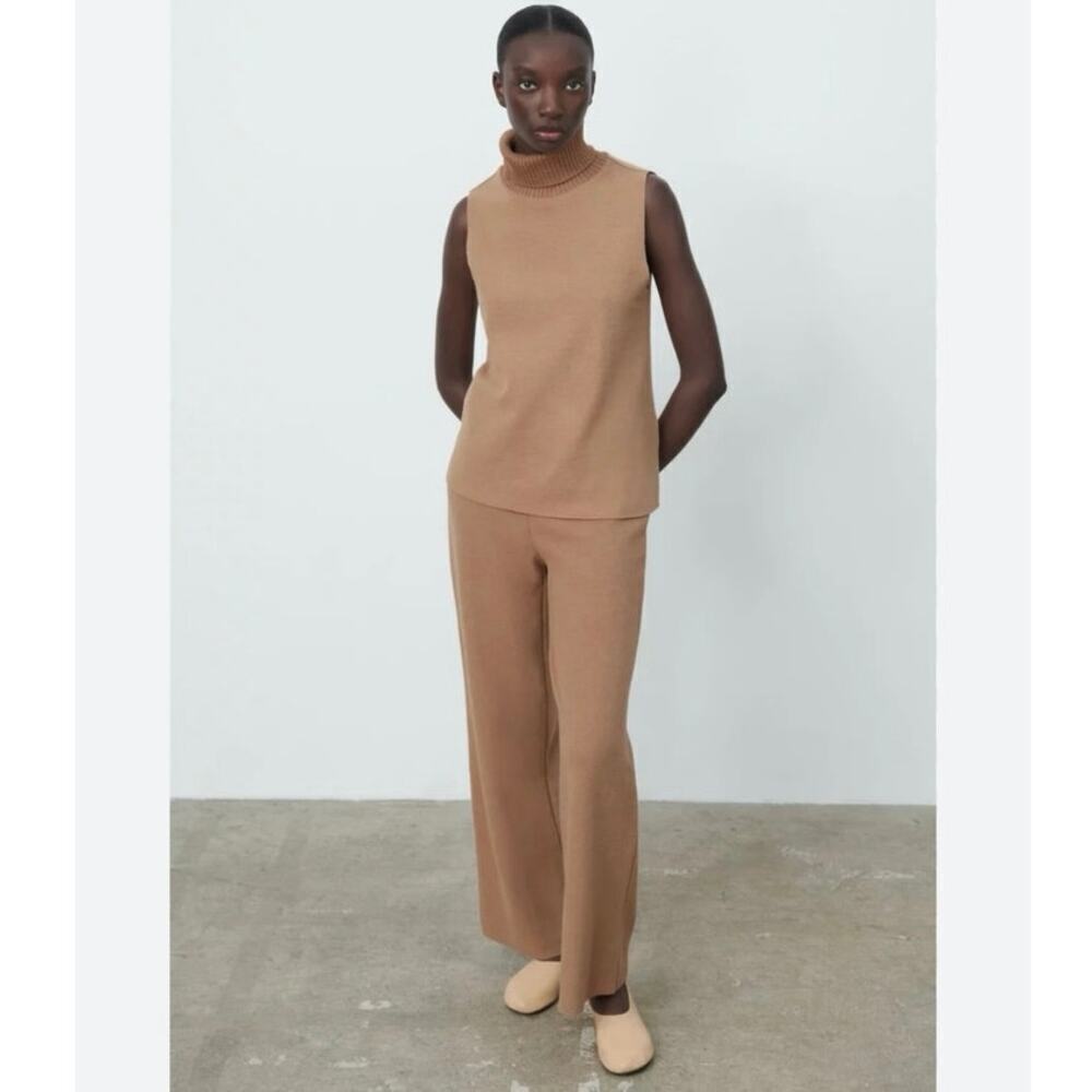 ZARA Tan Knit Sleeveless Turtleneck Lounge Set Two Piece Pants Outfit EUC S